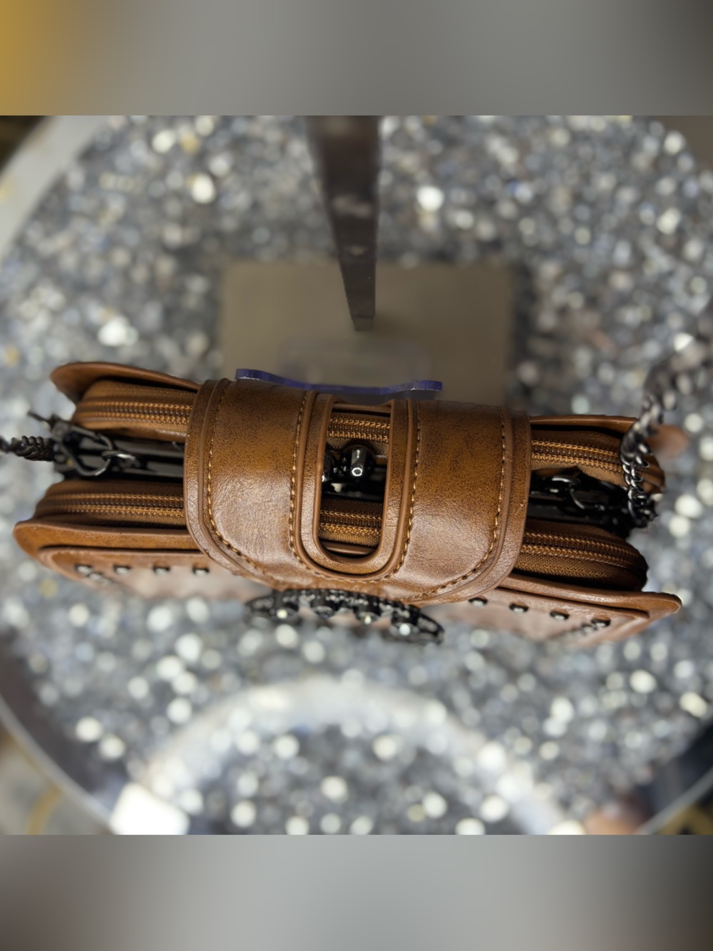 Rhinestone buckle Studded Brown Leather Crossbody NWOT - Picture 6 of 16